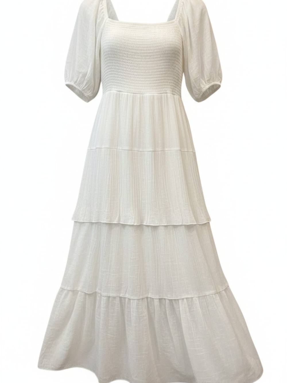 Smocked Square-Neck White Tiered Maxi Dress